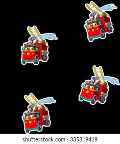 Cartoon red Fire truck car sticker for boys isolated on black background. Emergency truck Applique Seamless Background. Funny smile car in paper cut style. Comic character pattern for textile 