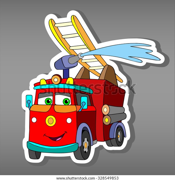 Cartoon red Fire truck car sticker for boys. Vector\
illustration of water engine car for scrapbook. Emergency truck\
Applique Background.Funny smile car in paper cut style. Comic\
character for textile 