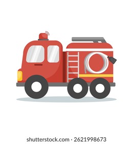Cartoon red fire truck with siren and ladder. Emergency vehicle for firefighting and rescue. Vector illustration isolated on white background.