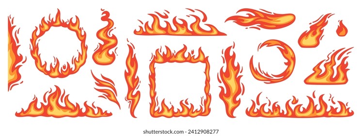 Cartoon red flame. Fire flames, hot fireball, danger wildfire campfire and bonfire elements, fire frames and flaming borders isolated vector set. Geometric shapes burning hot frames