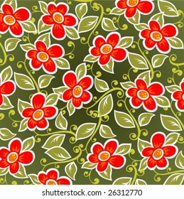 Cartoon  red flowers pattern on a green background.