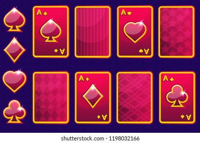 Cartoon red four poker game cards and card back.Vector GUI elements and icons