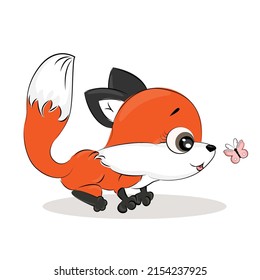 Cartoon red fox with butterflies, funny character, isolated vector illustration, forest animals, textile print, postcard, packaging, poster