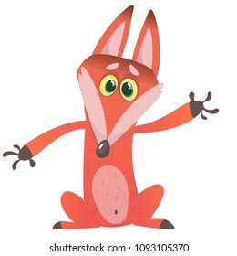 Cartoon red fox character presents with a hand, vector illustration, isolated on white background