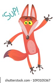 Cartoon red fox character saying 'sup', vector illustration, isolated on white background