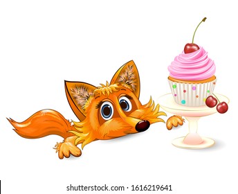 Cartoon red fox and cupcake with cherry on a white background. Greeting card.