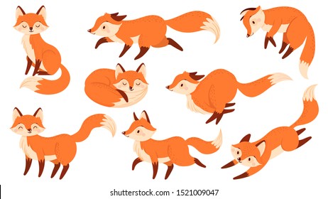 Cartoon red fox. Funny foxes with black paws, cute jumping animal. Foxy character, predator fox mascot or wildlife forest animal mammal. Isolated vector illustration icons set