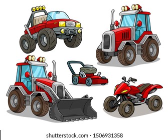 Cartoon red front loader bulldozer or tractor with shovel, offroad monster truck, modern quad motorbike and lawn mower. Isolated on white background. Vector icon set.