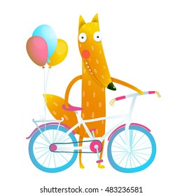 Cartoon red funny fox with bicycle and balloons. Funny reddish foxy with bicycle and colorful balloons. Cute wild bicyclist. Isolated cartoon character for children projects. Vector illustration