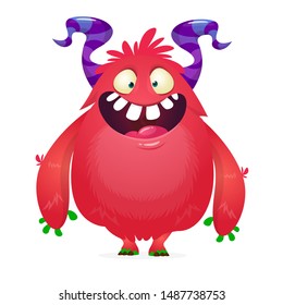 Cartoon red furry monster. Halloween vector illustration of excited monster