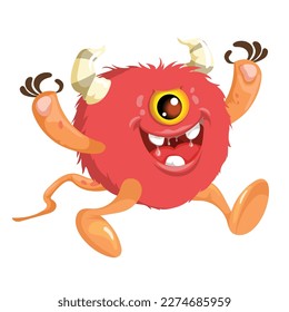 Cartoon red furry one-eyed cute monster. Best for monster party designs. Vector illustration.