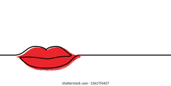 Cartoon red glossy female lips. lip line drawing. Woman gloss lipstick pattern. Flat vector icon. Slogan for please, silent, shhh. Kiss smile or girl mouth.  Mouth talking talk speaking. Sexy or love.