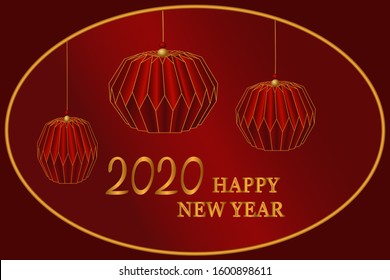Cartoon red and gold Chinese happy New year greeting card with lanterns