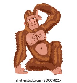 Cartoon red gorilla with a thoughtful look. Stock vector illustration with sad primate.