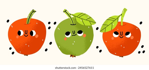 Cartoon red and green apples with faces. Cute modern childish drawing style vector illustration of fruits. Isolated on white background. Kawaii, doodle illustration. Apples with different emotions