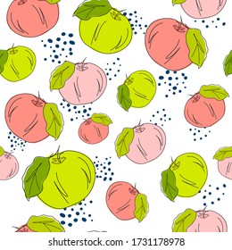 Cartoon red, green and pink apples- seamless texture. Whole, sliced ​​apples on a white background. Fresh fruits. Doodle Black line. Vector handwriting illustration. Vegetarian food. Minimal style.