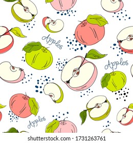 Cartoon red, green and pink apples- seamless texture. Whole, sliced ​​apples on a white background. Fresh fruits. Doodle Black line. Vector handwriting illustration. Vegetarian food. Minimal style.