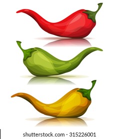 Cartoon Red, Green And Yellow Hot Chili Pepper/
Illustration of a set of cartoon red, green and yellow chili pepper spice, for mexican food