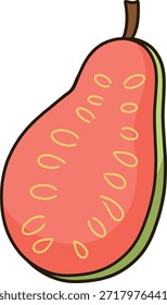A cartoon of a red guava cut in half.