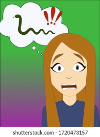 Cartoon red haired emotional girl afraid of snakes, vector illustration. Phobia, fear, psychology. Child problem, Vertical image