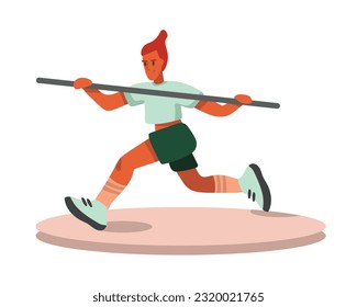 Cartoon red haired girl running in preparation for pole vault. Time for javelin throw. Process of doing sports exercises. Active and healthy lifestyle. Vector