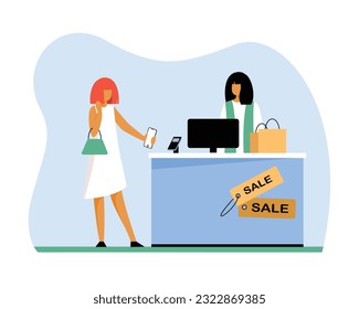 Caricatura de una mujer de cabello rojo haciendo pagos sin efectivo usando una aplicación móvil. Transacciones de dinero digital modernas y seguras. Servicios bancarios seguros. Ilustración vectorial de estilo plano