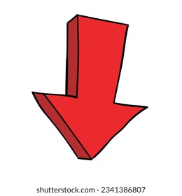 A cartoon red hand-drawn arrow points down isolated on a white background. Flat design. Vector illustration.