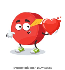 cartoon red head of cheese character mascot keeps the heart on white background