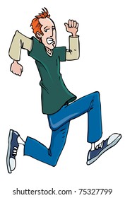Cartoon red head teenager running in sneakers. Isolated on white