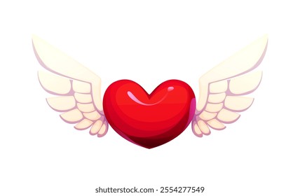 Cartoon red heart with angelic wings captures themes of love, freedom and Valentine Day. Isolated vector bright flying heart romantic and inspirational symbol embodying affection, hope and passion