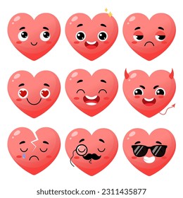 Cartoon roten Herzcharakter mit verschiedenen Gesichtsausdrücke. Fröhlich süßes Herz Emoji Set. Vektorgrafik zum Valentinstag