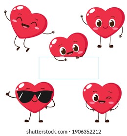 Cartoon red heart character with funny face. Happy cute heart emoji set. Love vector illustration. Valentine Day card