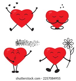 Cartoon red heart character with funny face. Happy cute heart emoji set. Love vector illustration. Valentine Day card