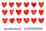 Cartoon red heart characters with funny faces emoticon. Valentine day symbol. Cute romantic hearts with eyes for logo or sticker vector set. Smiling facial expressions isolated on white
