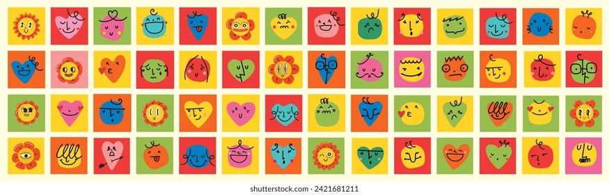 Cartoon red heart characters with funny faces emoticon. Valentine day symbol. Cute romantic hearts with eyes for logo or sticker vector set.