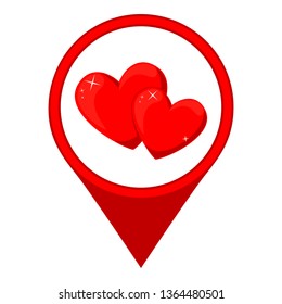 Cartoon red heart couple map pointer. Modern love search. St. Valentine day themed vector illustration for icon, stamp, label, certificate, brochure, gift card, poster or banner decoration