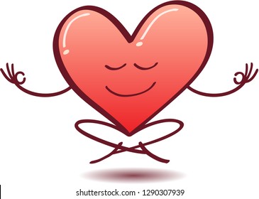 Cartoon red heart doing Gyan mudra sign and both hands  half  smiling   floating while keeping in deep meditation