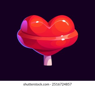 Dibujos animados de corazón rojo piruleta, activo del juego. Lollypop de corazón rojo de San Valentín brillante de Vector aislado, dulces de caramelo y confitería con superficie brillante en un palo. Comida azucarada, postre, cita romántica