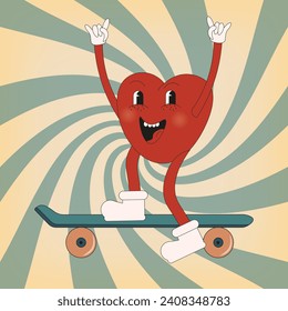 Cartoon red Heart on skateboard in trendy Groovy style on geometric background. Valentine's Day greeting card design. Vector illustration can used web and socila media banner, poster, brochure