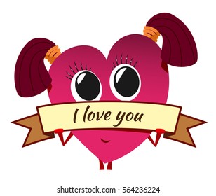 Cartoon red heart on Valentine's Day. Cute female character with pigtails and a banner. Stylized shy girl. Love message.