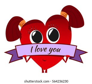 Cartoon red heart on Valentine's Day. Cute character with a banner. Stylized shy girl. Love message.
