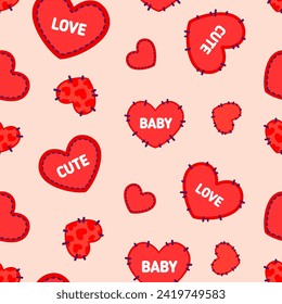 Cartoon Red heart patch stickers seamless pattern. Valentines Day background in Heart shape with stitches and text love, cute, baby. Cartoon vector Red Heart shapes pattern