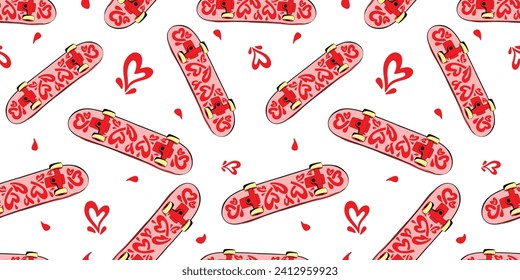 Cartoon red Heart patter on skateboard. Groovy style. Valentine's Day seamless pattern. Skateboard with hearts cover ornament. Romantic wrapping paper. 14th February print