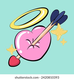 Cartoon red heart pierced by an arrow. Valentines Day cute character. Hand drawn. Valentines day decoration. vector illustration 