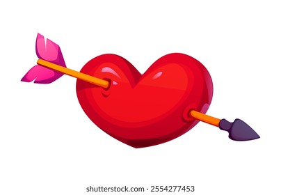 Cartoon red heart pierced by cupid arrow, featuring a playful pink feathered tail and sharp tip, symbolizing love and romance for Valentine Day themes and messages of affection, romantic decoration