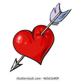 Cartoon red heart pierced by an arrow. Hand drawn vector illustration in sketch style. Element for T-shirt design, tattoo, Valentines day decoration.