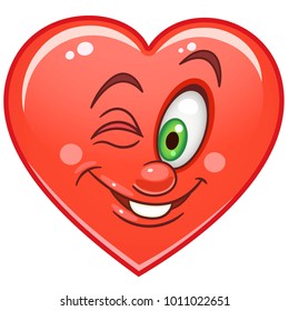 Cartoon red Heart wink. Emoticons. Smiley. Emoji. Love Emotion symbol. Design element for Happy Valentines Day greeting card, kids coloring book page, t-shirt print, icon, logo, label, patch, sticker.