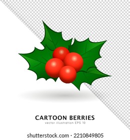 Cartoon red holly berries with bright green leaves isolated on white and transparent background.  Vector poinsettia twig, mistletoe branch for decoration your Christmas and New Year design. 