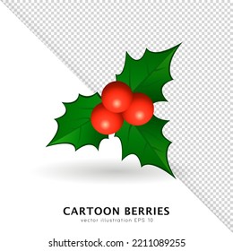 Cartoon red holly berries with bright green leaves isolated on white and transparent background.  Vector poinsettia twig, mistletoe branch for decoration your Christmas and New Year design. 