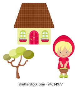 Cartoon Red Hood, her house and tree